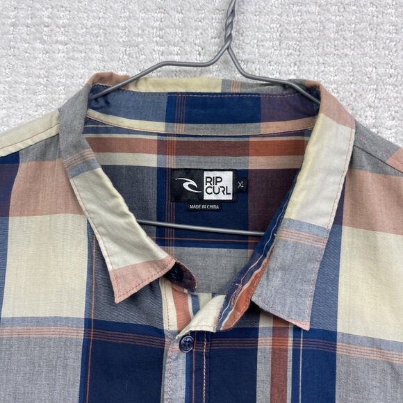 Rip Curl Men's XL Y2K Grunge Blue Plaid Distressed Short Sleeve Button Up Shirt - Picture 8 of 14